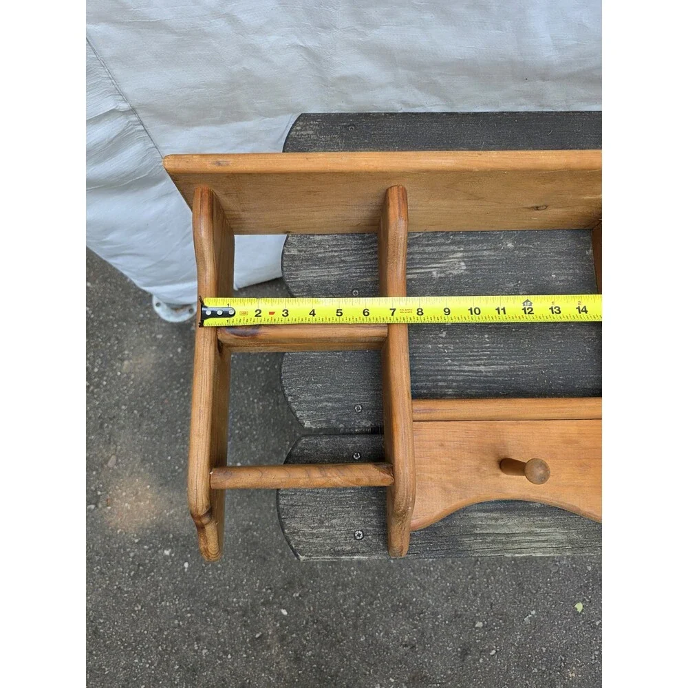 Vintage Wooden Wall Shelf Coat Rack Pegs Spice Display Country Farmhouse Rustic